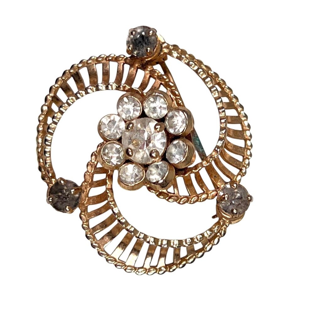 Vtg Barclay Gold Tone Clear and Gray Rhinestone Pinwheel Brooch Floral Art Deco